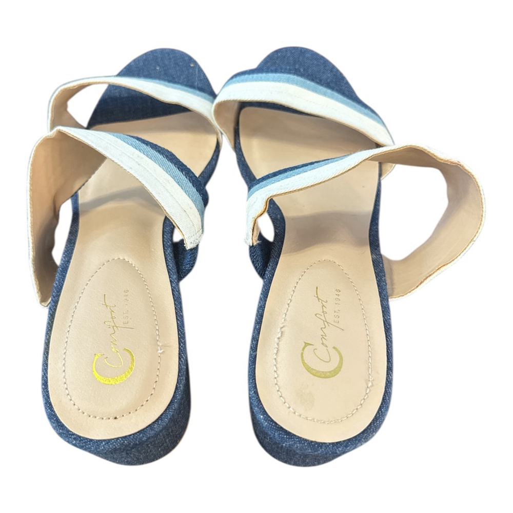 Est. 1946 Denim Sandals with Striped Design, Size 10 Wide, Blue and White - Picture 4 of 5